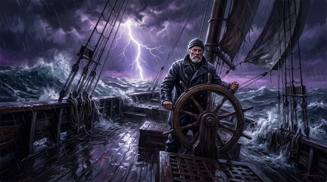A weathered sea captain standing at the helm of a wooden ship during a violet twilight storm, lightning illuminating his determined face, rain-slicked deck reflecting the sky's fury, Rembrandt lighting with dramatic chiaroscuro, oil painting style with visible brushstrokes, cinematic wide composition