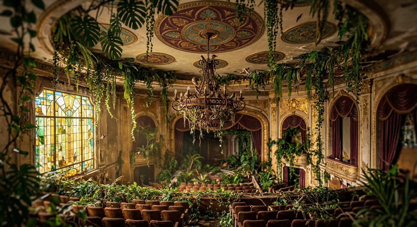 An abandoned art deco cinema theater overgrown with tropical plants, vines cascading from the ornate ceiling medallions, birds perched on the rusted chandelier, golden hour light filtering through broken stained glass windows, lush green against faded gold and burgundy, architectural photography with tilt-shift miniature effect