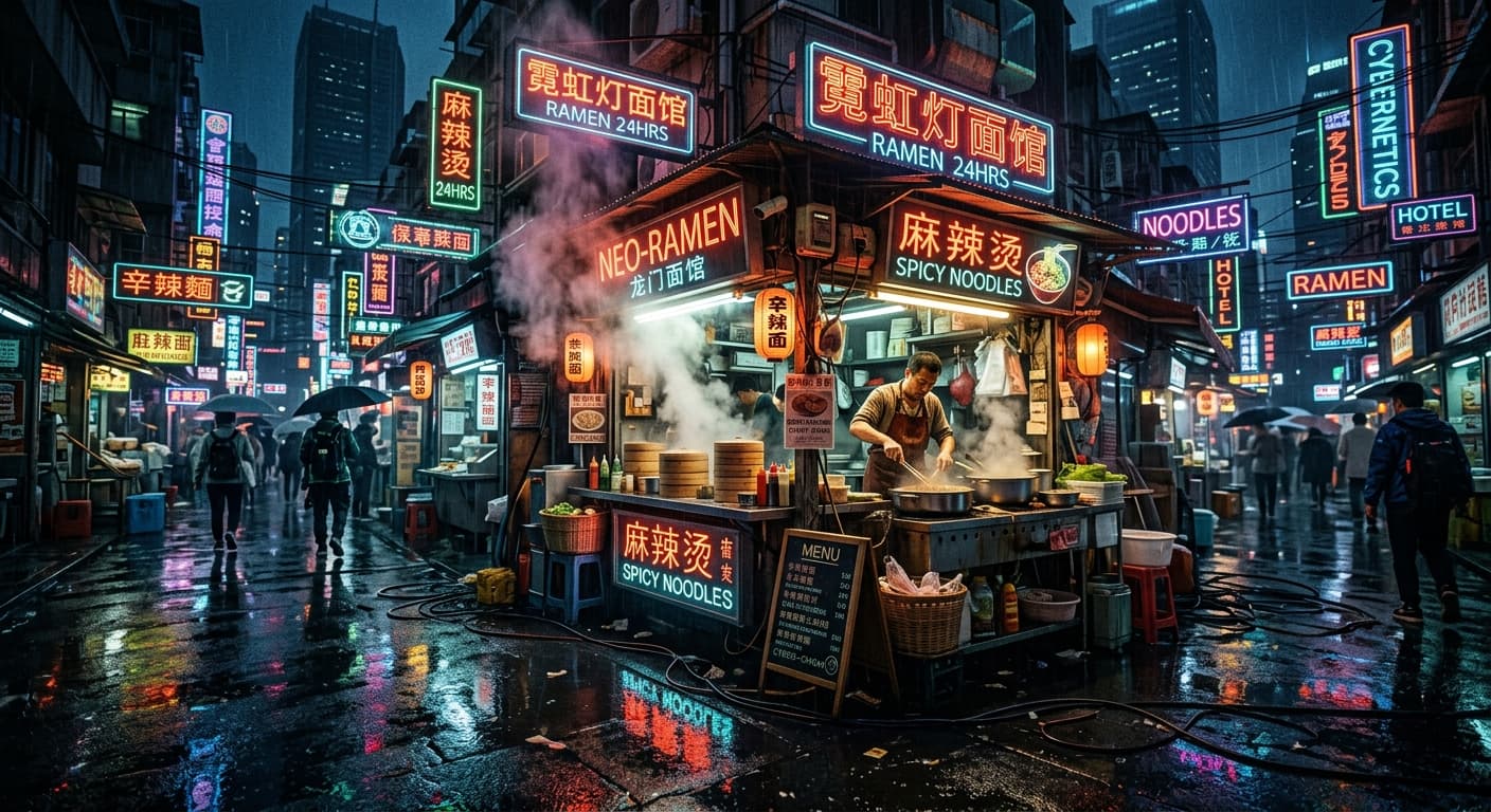 A cyberpunk street market at midnight, one vendor's food stall in sharp focus under a cascade of flickering neon signs in Mandarin and English, steam rising from the stall's baskets, rain-slicked pavement reflecting a sea of neon stretching into the background, Blade Runner atmosphere, wide-angle cinematic composition, hyper-detailed