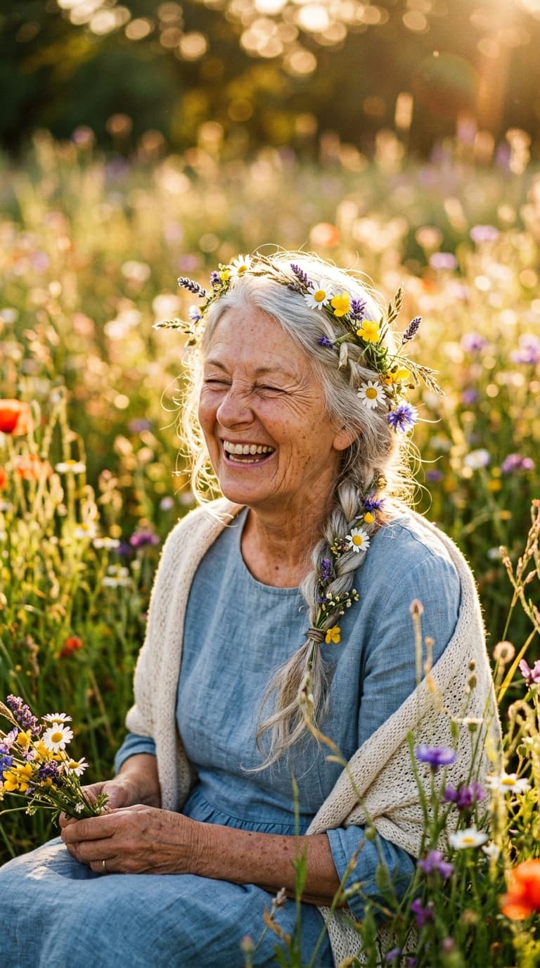 Portrait of an elderly woman with silver hair braided with wildflowers, laughing with her eyes closed in a sun-drenched meadow, shallow depth of field with bokeh circles of warm light, natural skin texture and expression lines telling a lifetime of stories, golden hour backlight creating a halo effect, editorial photography style