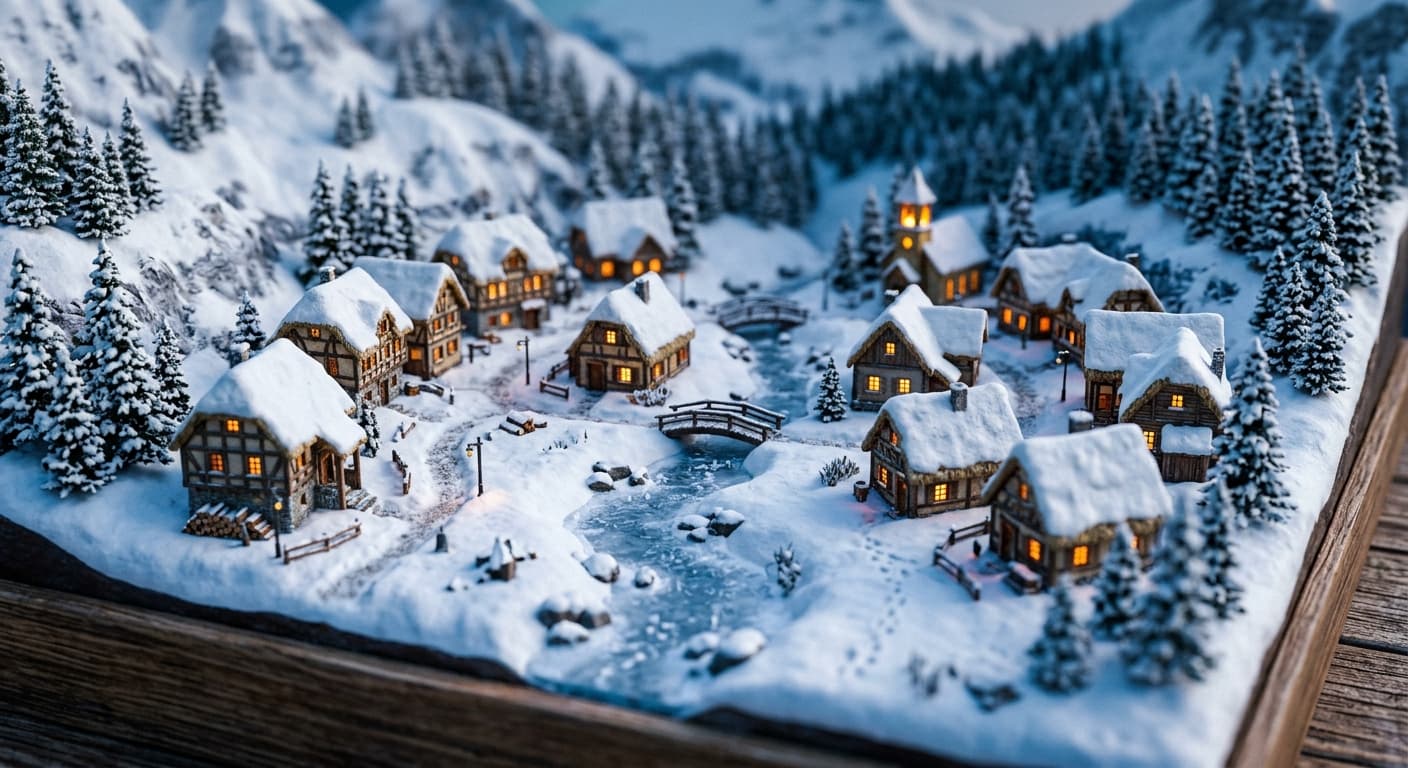 A miniature diorama of a cozy mountain village in winter, tiny warm lights glowing in cottage windows, fresh snow on thatched roofs, a frozen stream winding through the center, macro photography with extreme shallow depth of field, tilt-shift effect making reality look like a model, cool blue shadows with warm amber window light
