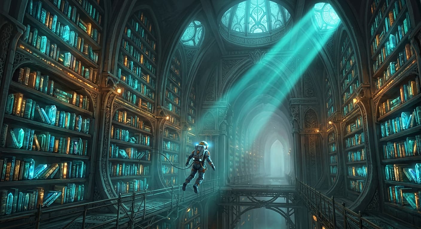 An astronaut floating in a cathedral-scale alien library, towering shelves curving away into soft atmospheric haze, crystalline books glowing with bioluminescent light along each row, a single shaft of teal light cutting diagonally across the scene, science fiction concept art with strong single-point perspective, cool teal with warm amber accents