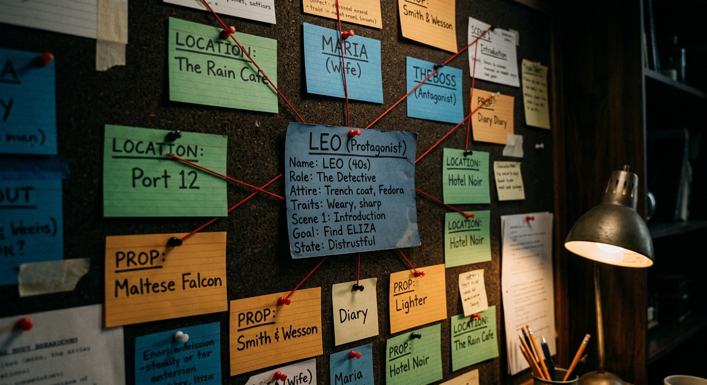 A detailed script breakdown document pinned to a cork board, color-coded index cards mapping characters in blue, locations in green, and props in amber, connected by red string threads, dramatic side lighting from a desk lamp, film noir atmosphere, sharp focus on the central character card