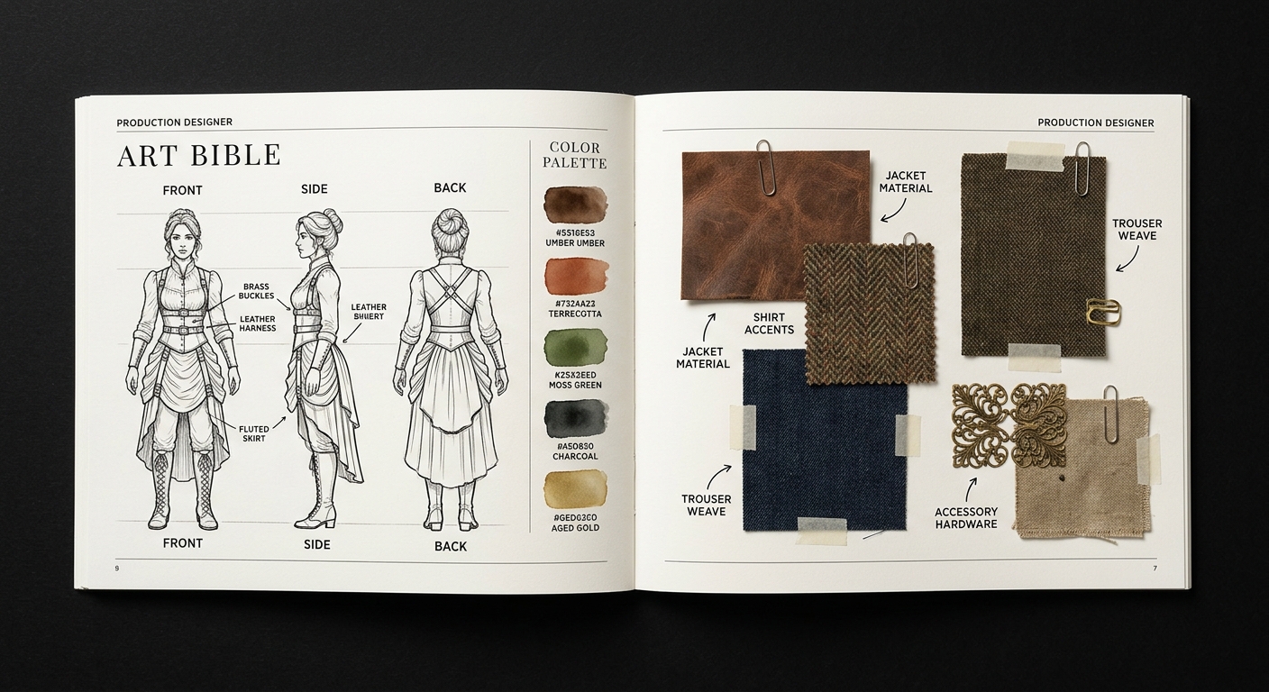 A production designer's art bible spread across a matte black surface, featuring character turnaround sketches, color palette swatches, fabric and material samples, and annotated callouts in precise typography, clean grid layout with generous negative space, soft overhead studio lighting, editorial design aesthetic, ultra-detailed line work