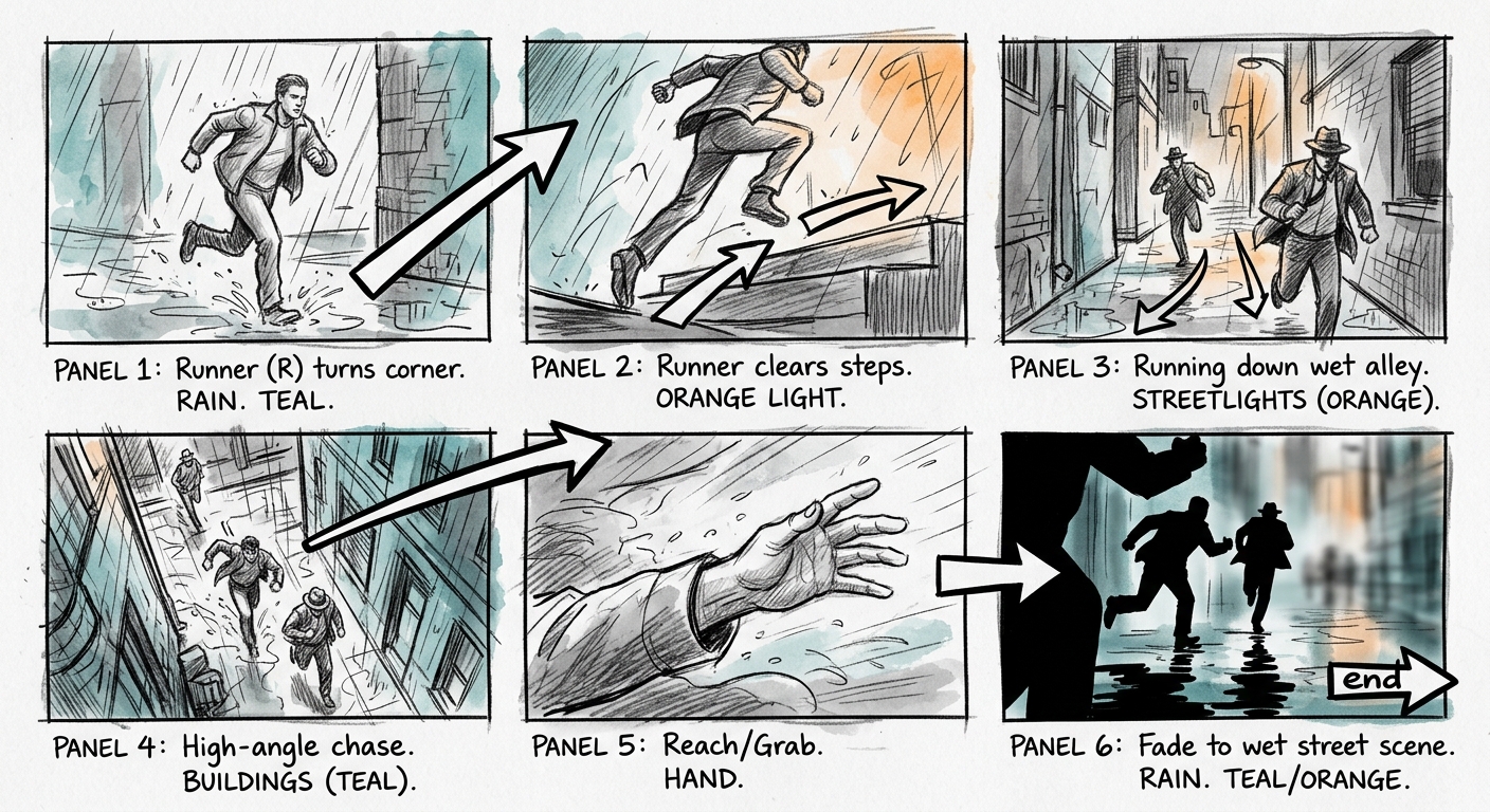 A cinematic storyboard layout with six panels showing progressive camera angles of a chase sequence through rain-soaked streets, pencil sketch style with selective watercolor washes in teal and orange, each panel annotated with camera direction arrows, dramatic diagonal composition, moody atmospheric lighting