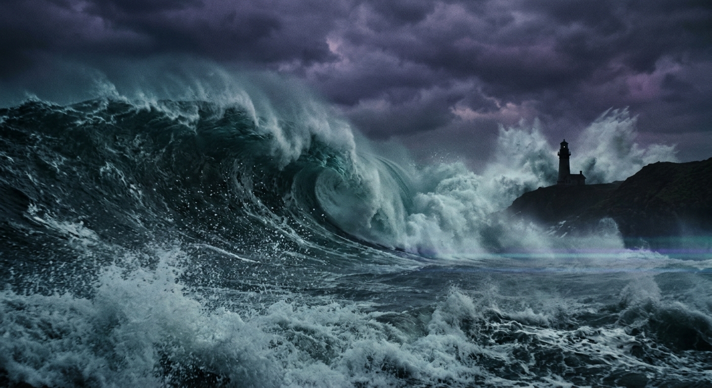 A single breathtaking film still of a dramatic ocean storm — a towering wave caught mid-crash under a bruised violet sky, a small lighthouse silhouetted in the spray, cinematic anamorphic composition with subtle lens flare, hyper-detailed water physics with foam and droplets individually rendered, moody atmospheric lighting, the kind of shot that usually requires a feature-film VFX budget