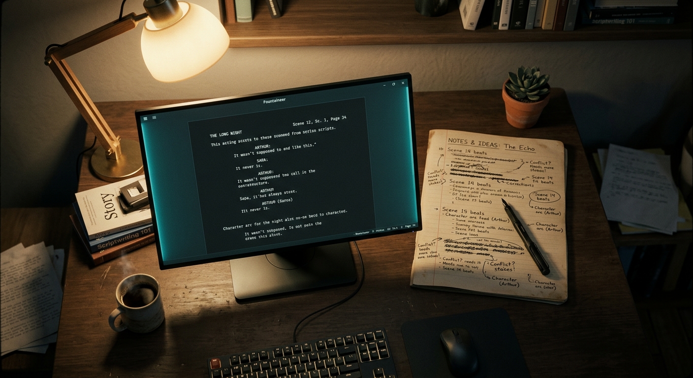 A screenwriter's desktop with a glowing manuscript page open in a minimal dark editor, soft warm lamplight casting long shadows across handwritten margin notes, shallow depth of field, muted earth tones with a single cyan accent from the monitor glow, top-down composition