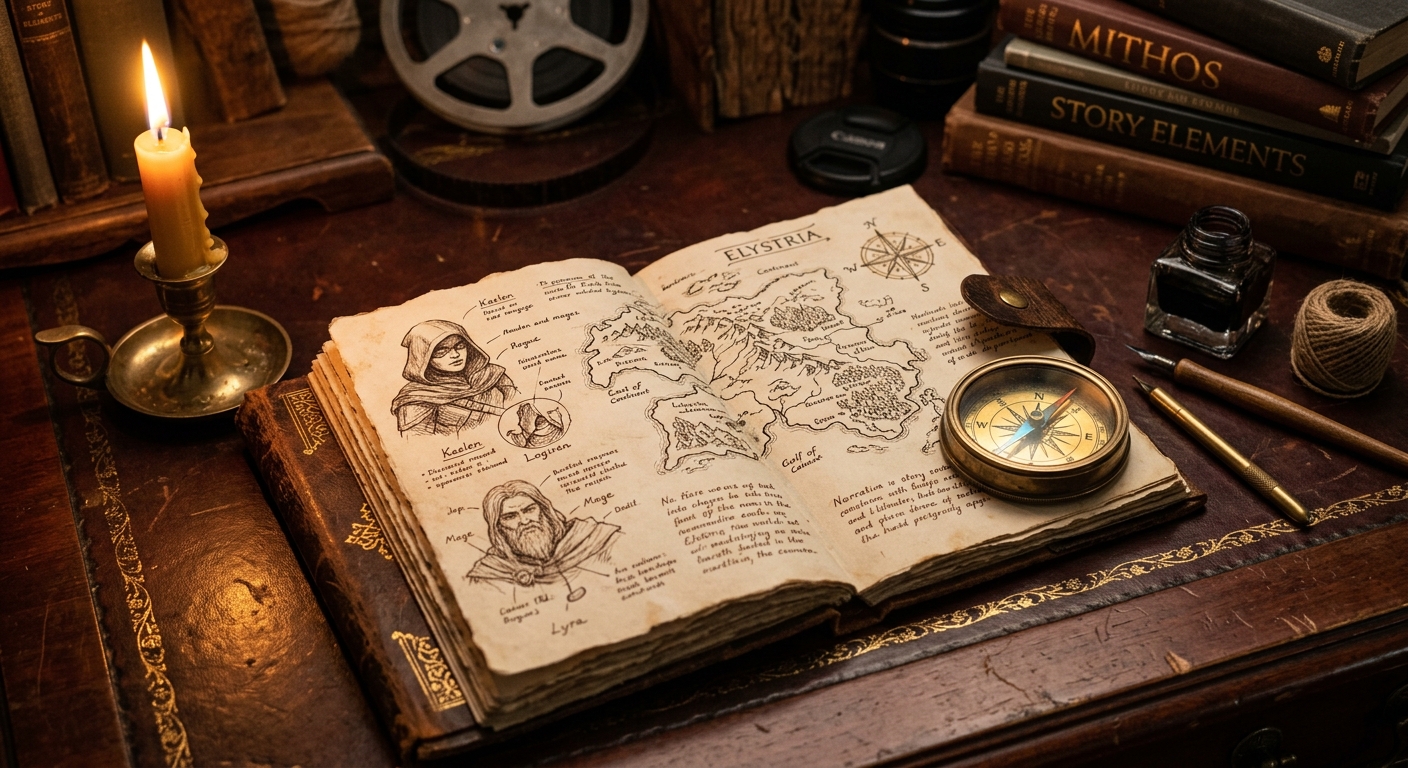 A filmmaker's workspace with a leather-bound notebook open to worldbuilding pages, hand-drawn maps and character sketches illuminated by warm candlelight, vintage brass compass beside ink bottles, rich mahogany tones with gold leaf accents, intimate close-up composition