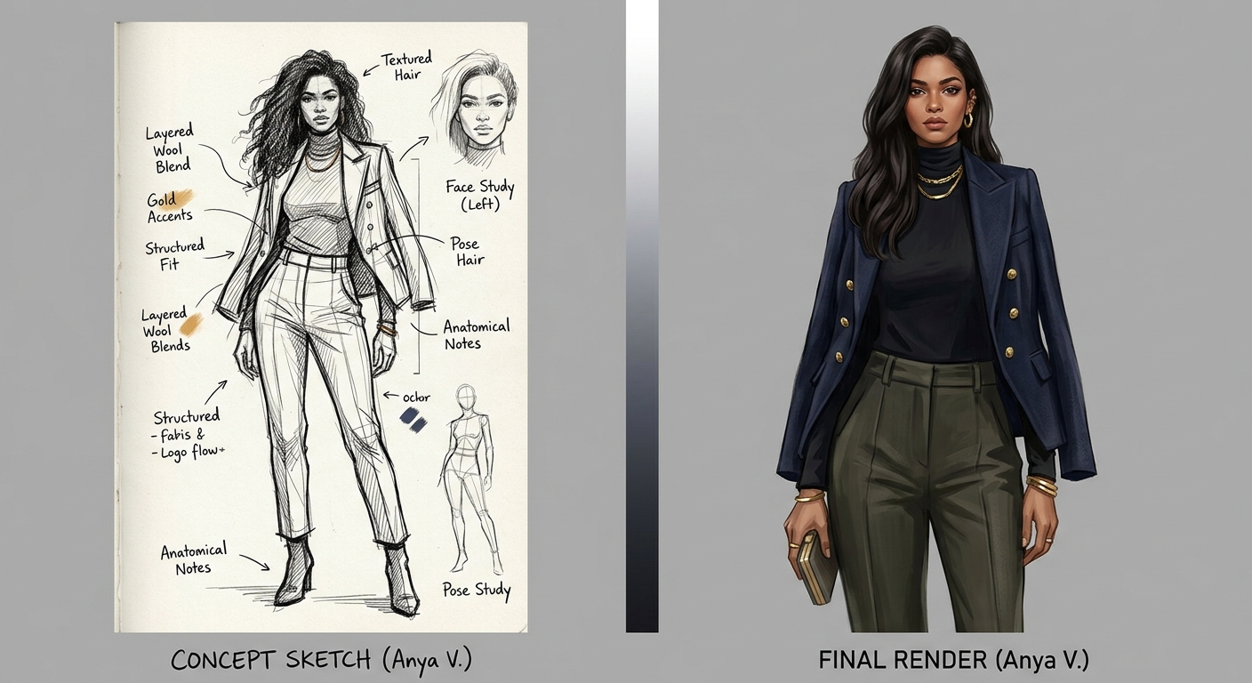 A split-screen design comparison showing a character concept sketch on the left transforming into a fully rendered portrait on the right, clean studio lighting, neutral gray background, precise anatomical details with fashion illustration styling, subtle color gradient transition between the two halves