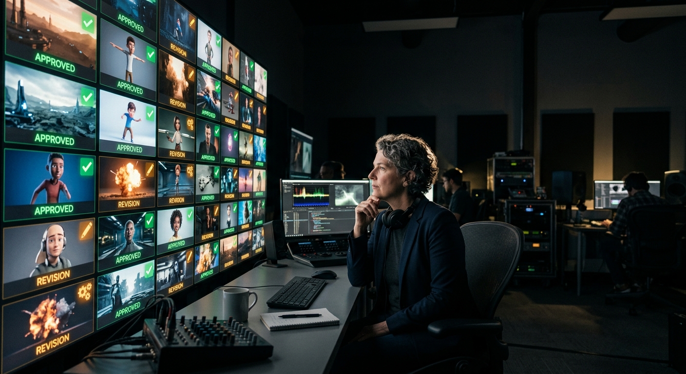 A director seated before a wall of illuminated panels displaying generated assets awaiting approval, green checkmarks and amber edit markers floating beside each panel, dramatic rim lighting from behind the screens, contemplative mood, wide establishing shot composition