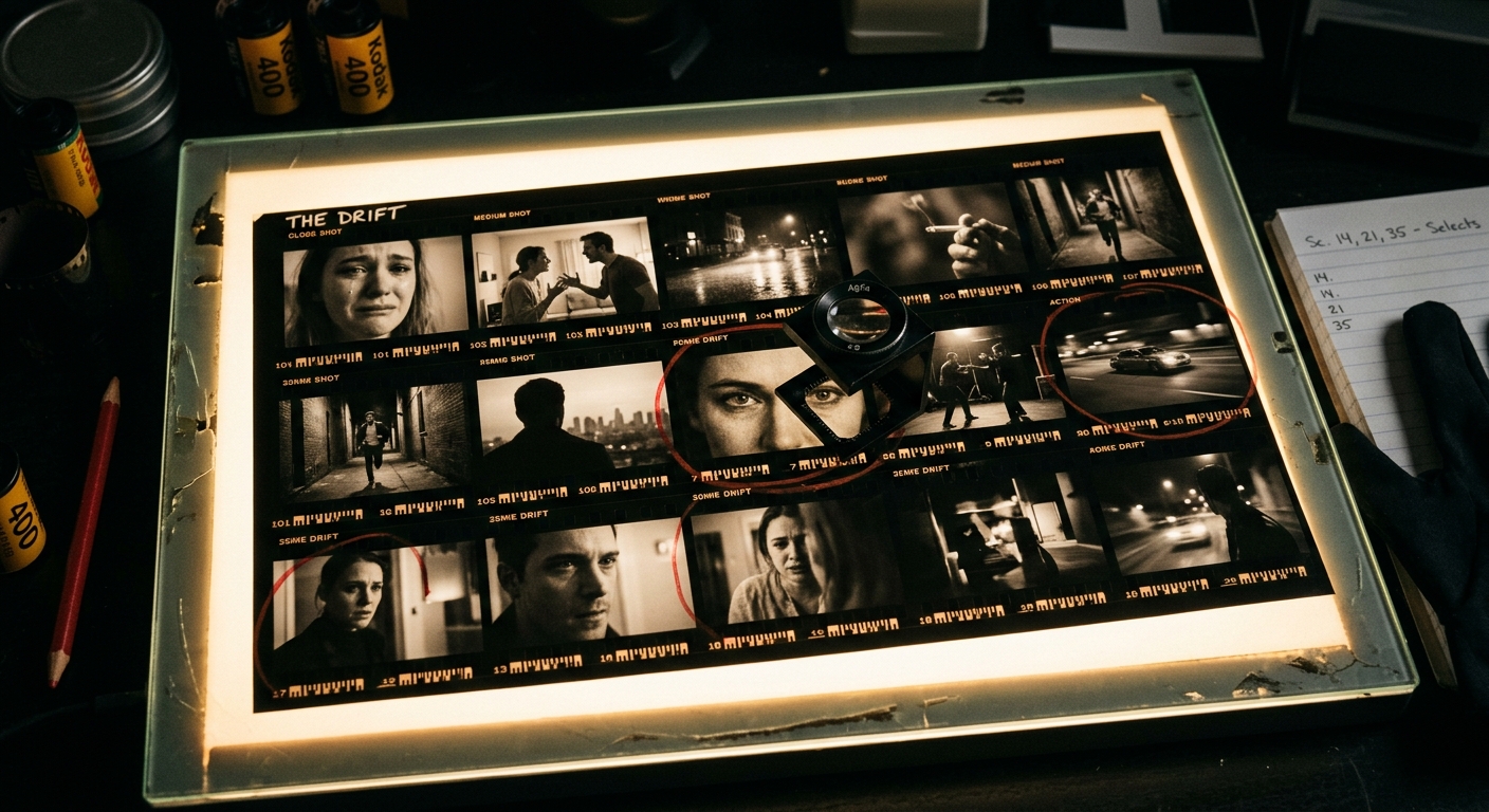 A contact sheet of key frames from a short film laid out on a light table, each frame showing a different dramatic moment — close-ups, wide shots, action sequences — warm backlight glowing through the translucent surface, photographer's loupe resting on one frame, documentary style
